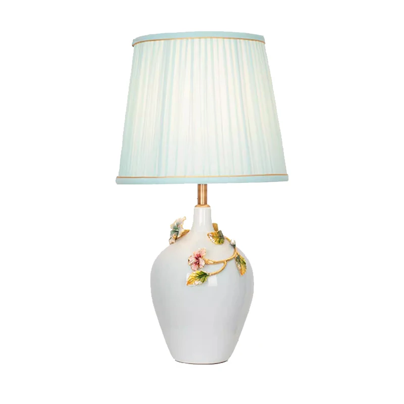 Modern New Chinese Flower Ceramic Table Lamp with Sky Blue Fabric Lampshade for Bedroom Living Room Indoor Lighting Fixtures