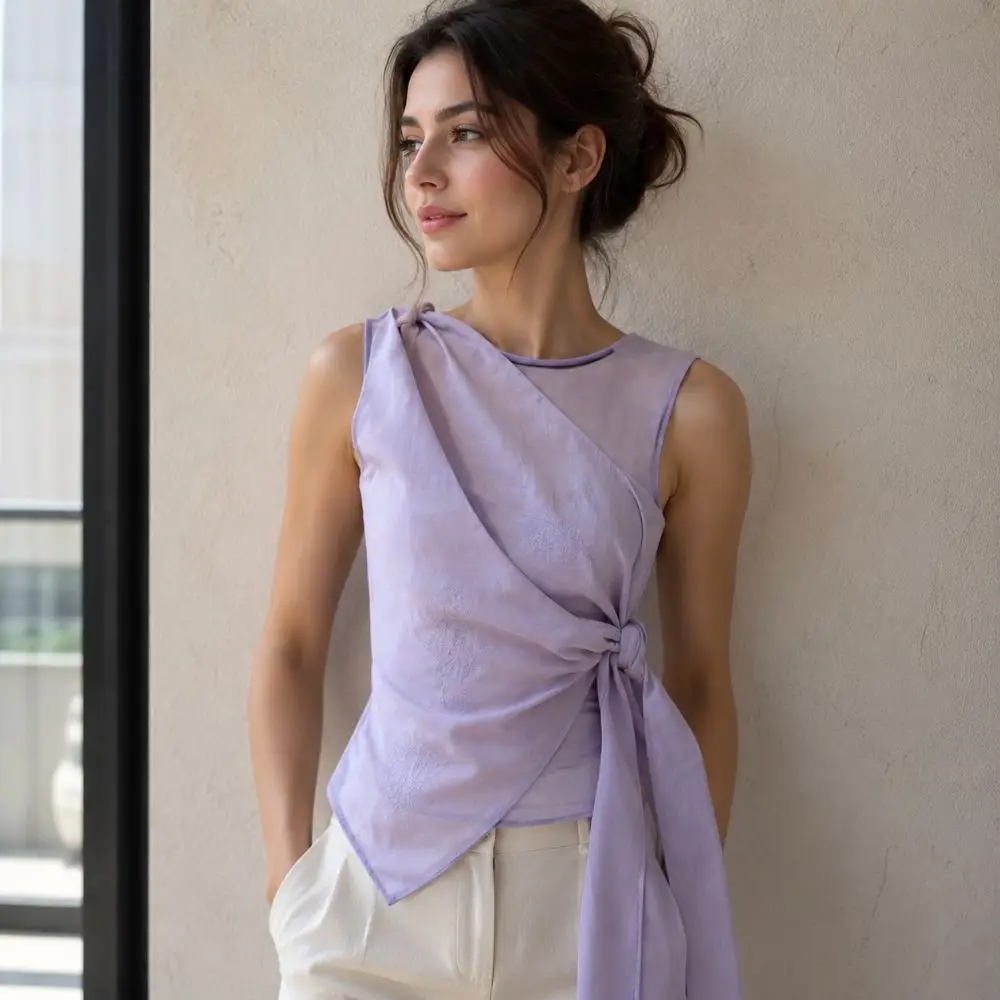 Fashion Elegant Women Sleeveless Top Tulle High-End Feel Tie-front Shirt Solid Color Chinese Style Sheer Vest Summer Women Wear