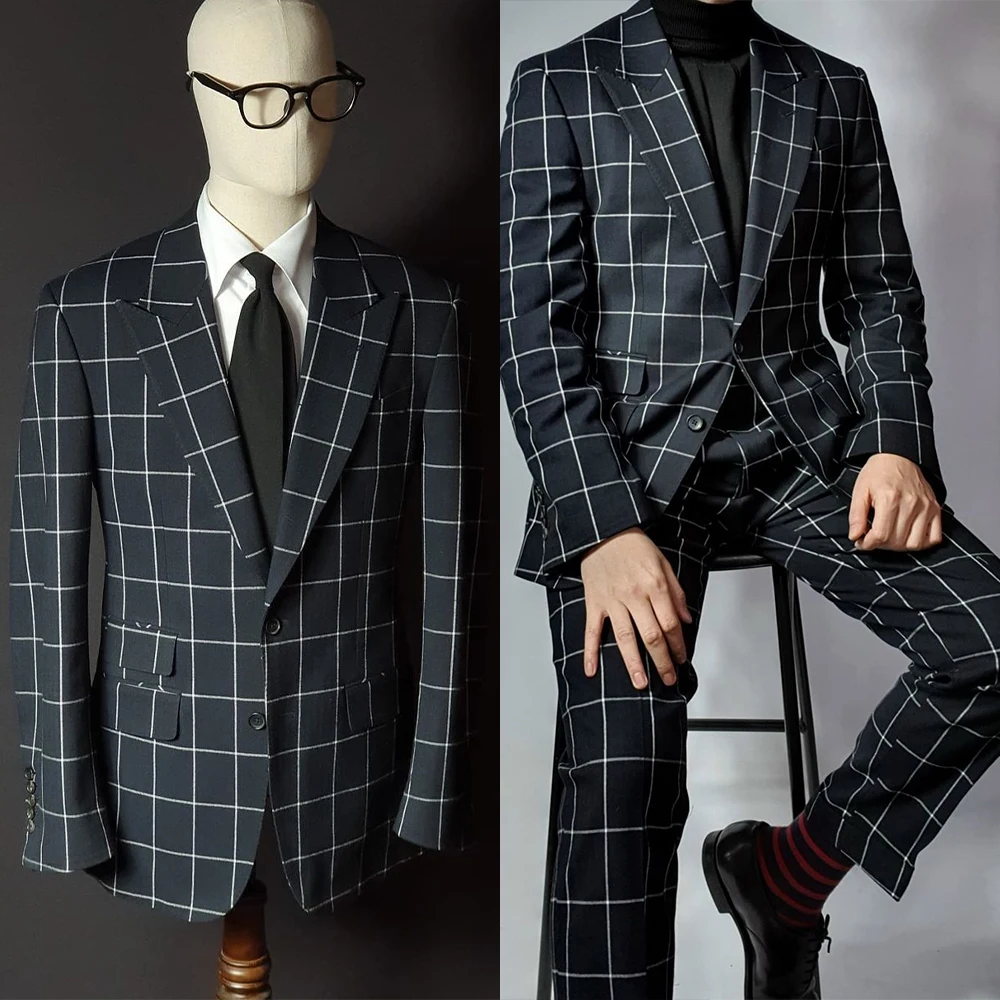 2 Pieces For Men Suit Tailor-Made Black Plaid High Quality Fashion Modern British Style Wedding Business Causal Daily Tailored