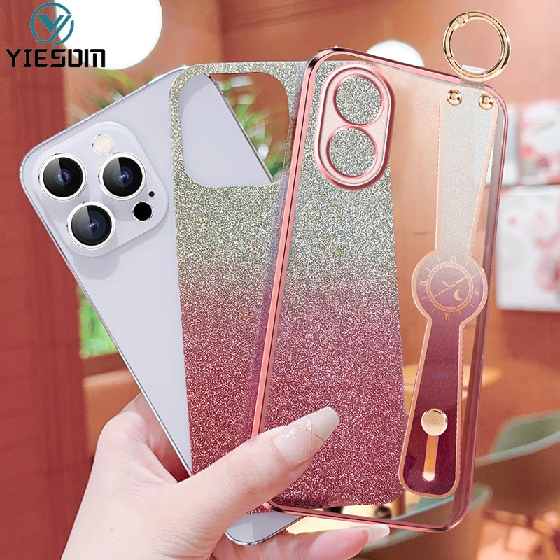 Glitter Wrist Strap Phone Case for OPPO A60 A98 A79 A58 A38 A18 4G A17 Soft Silicone Phone Holder Bracket Cover