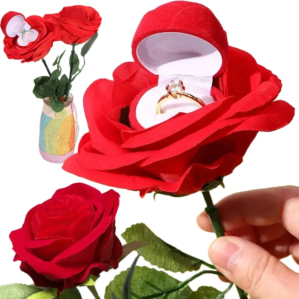 Cteative Rose Flower Ring Boxes Red Velvet Rose Earring Display Holder Gift Box Bridal Wedding Engagement Jewelry Storage Case