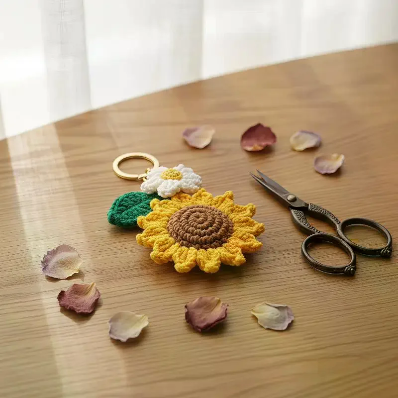 Handmade Crochet Sunflower Keychain With Green Leaf Charm For Backpack Decor Daily Use Gift For Sunflower Fans