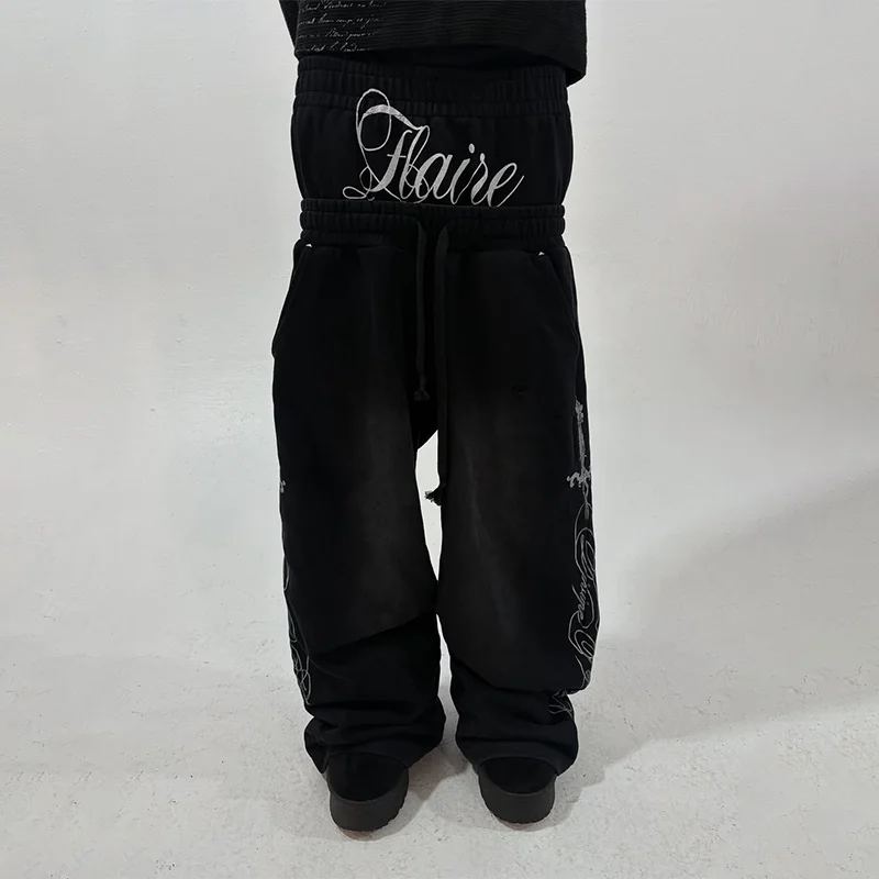 Y2K ريترو فاسق السراويل الفضة السيف رسالة الجرافيك طباعة القوطية مزدوجة الخصر Sweatpants أزياء الرجال النساء فضفاضة عارضة الشارع الشهير #2