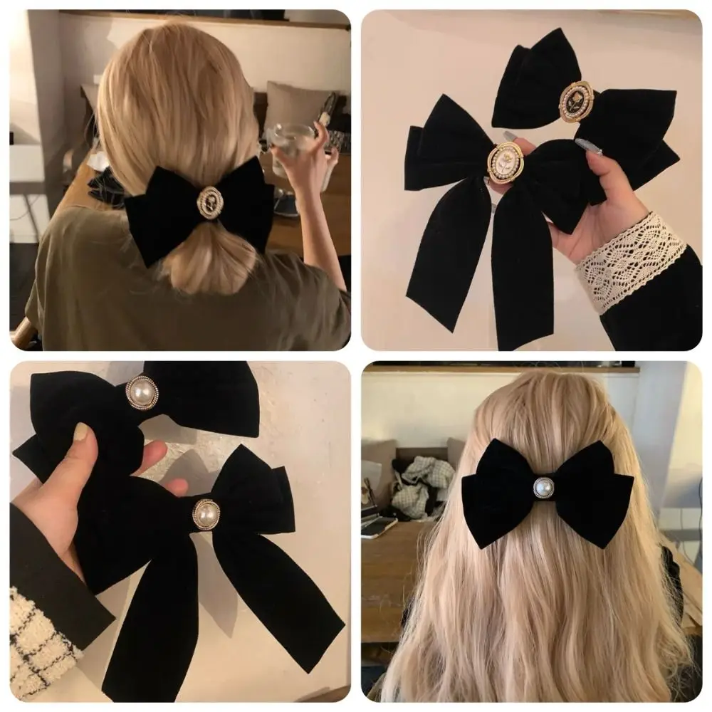 

Black Velvet Bow Hair Clip Camellia Retro Velvet Ribbon Hairpin Festival Gift Duckbill Bow Tie Spring Clip