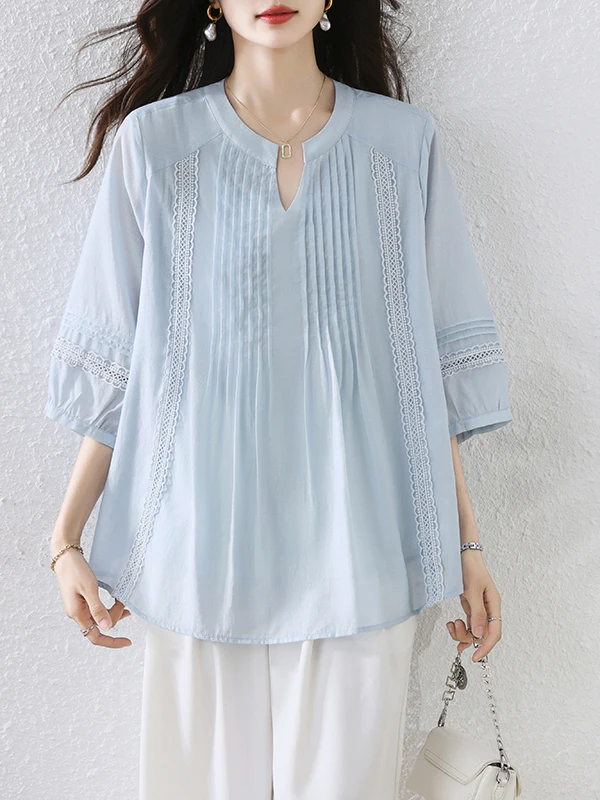 

Ruffle Design Lace Patchwork Shirt plus Size Women's Fashion Slimming Seven-Quarter Sleeve V-Neck Summer New Style Casual Shirt