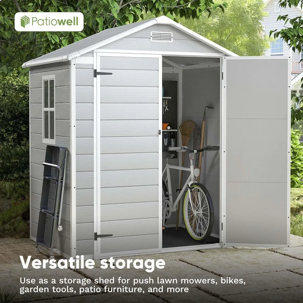 6x4FT plastic outdoor storage shed, resin shed perfect for storing patio furniture, garden tools bicycle accessories