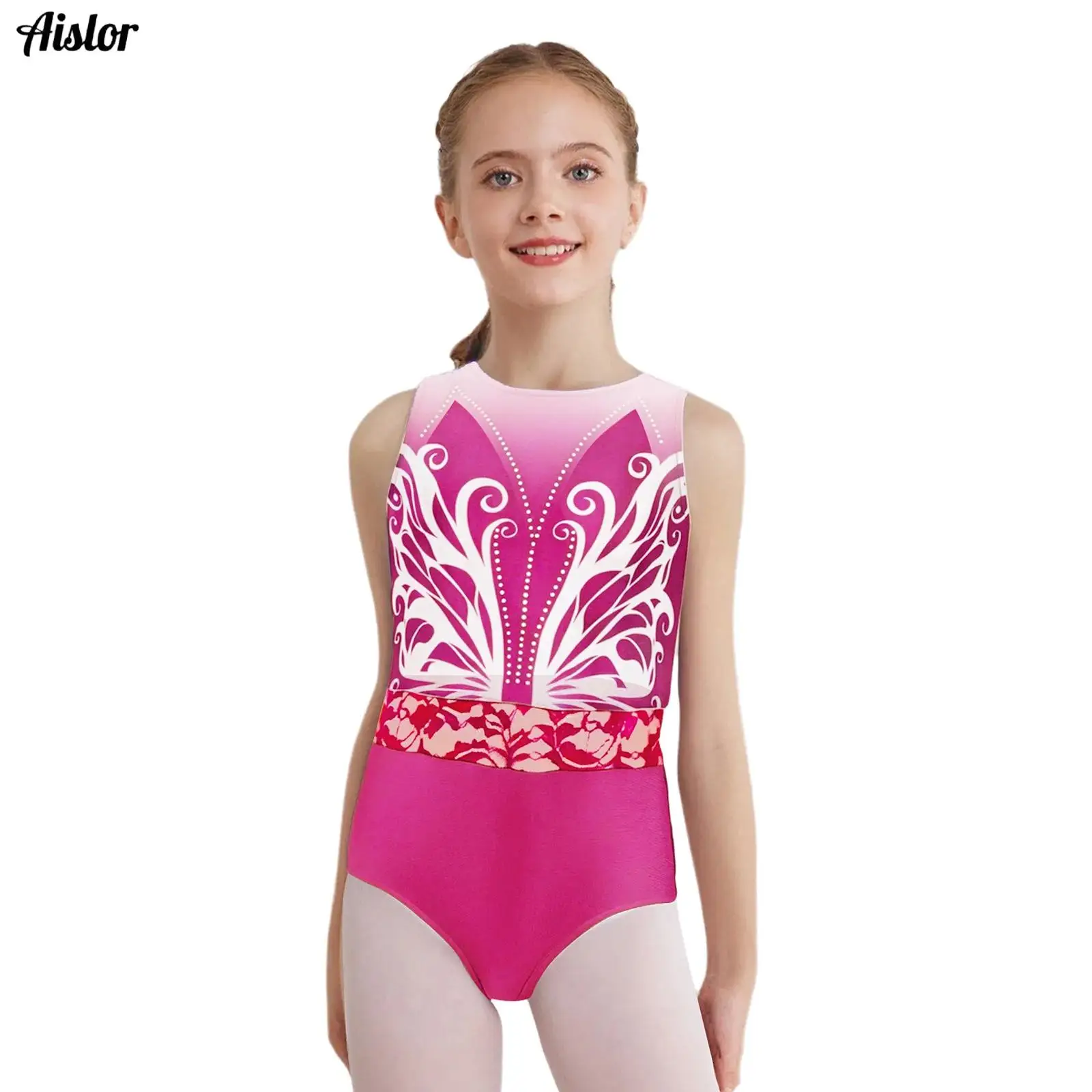 

Kids Girls Butterfly Printed Leotard for Gymnastics Ballet Performance Dancewear Sleeveless Lace Shiny Rhinestones Bodysuit
