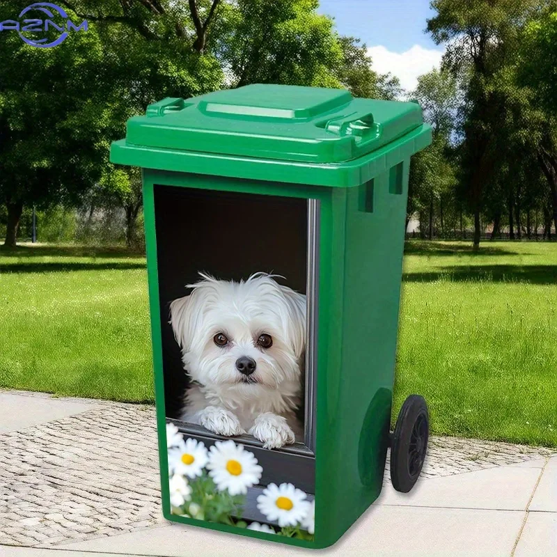 1pc Luxury Peel-and-Stick Trash Can Stickers - White Fluffy Dog on Window Sill with Daisies Design, High-Gloss Paper Decals fo