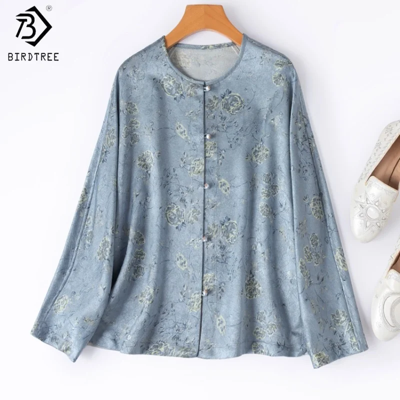 

Birdtree, пальто из 35% тутового шелка, 65% шерсть, женские жаккардовые топы с круглым вырезом и рукавами реглан, осенний кардиган в китайском стиле 2025 T5O814JF