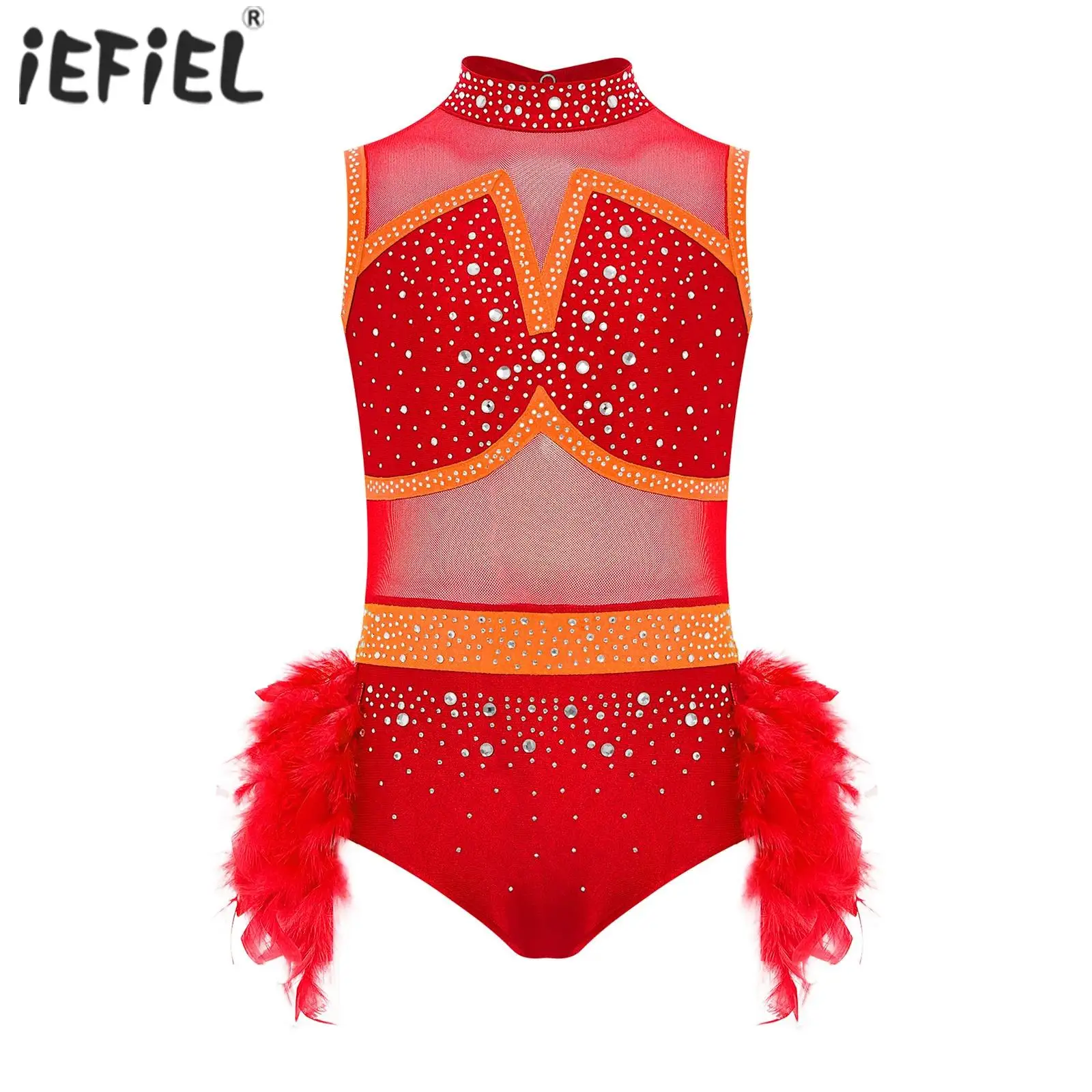 

Kids Girls Jazz Dance Dress Stage Performance Costume Sheer Mesh Waist Keyhole Back Shiny Sequins Feather Leotard Dancewear
