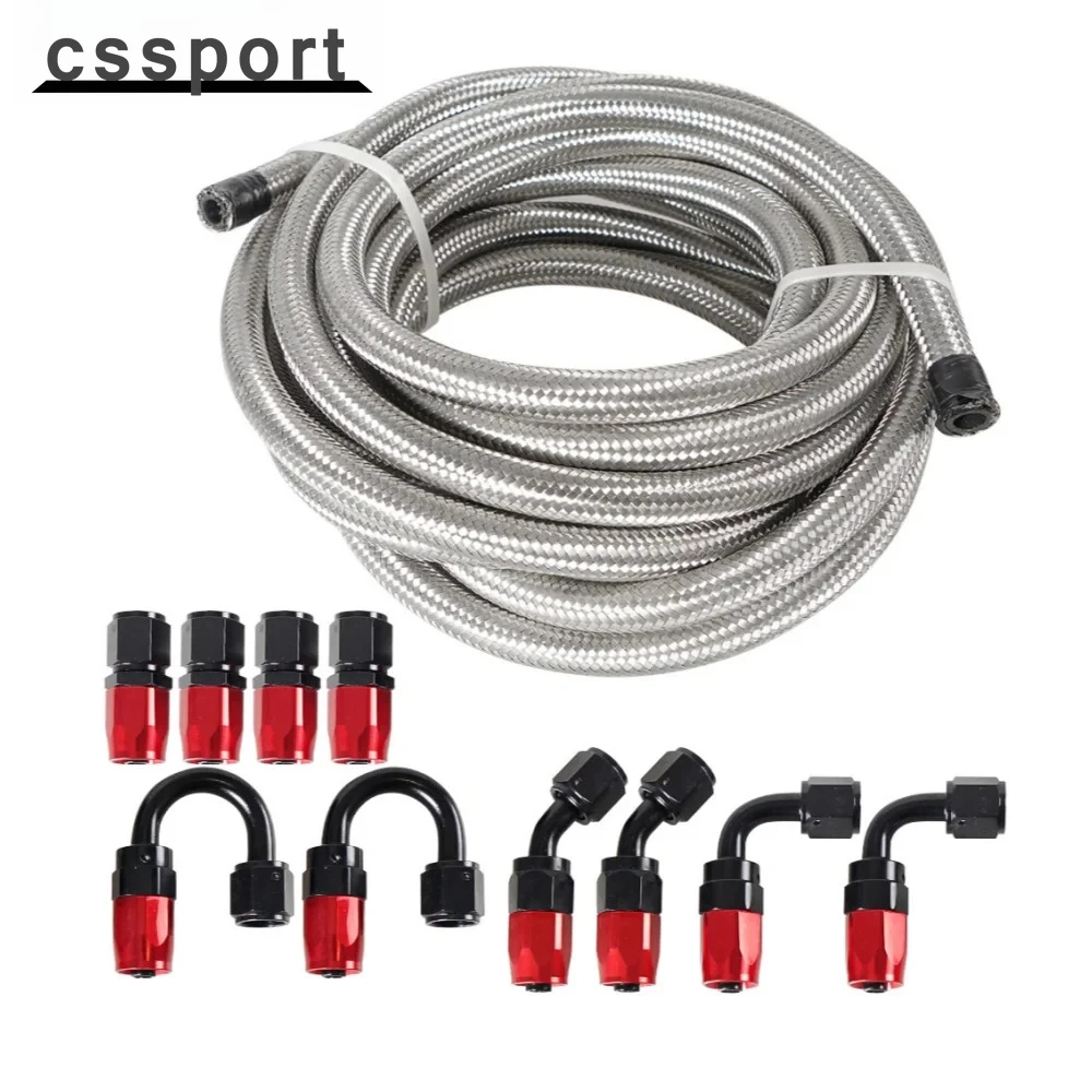 

20 Feet AN6 Universal Braided Fuel Oil Gas Hose Line Kit With Straight 45 90 180 Degree Fittings In Red Black Silver