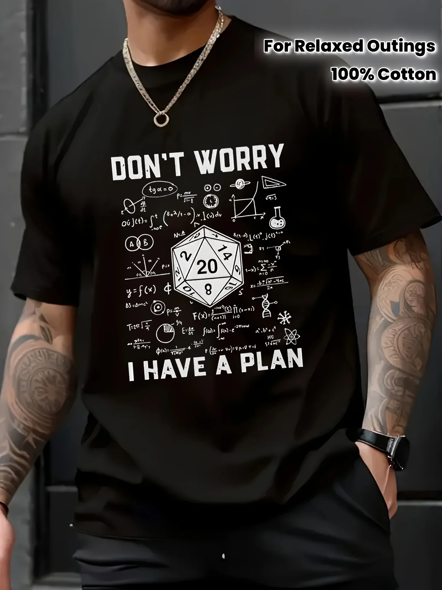 

Men's Casual Summer T-Shirt - Short Sleeve, Round Neck, 100% Cotton, Black with "Don't Worry I Have a Plan" Graphic