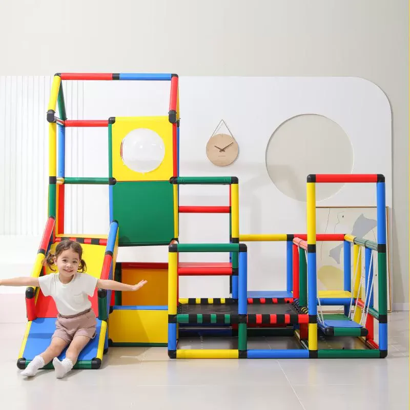 

Детские развивающие игрушки - семейная альпинистская стена с горкой, в комплекте с трубами, панелями и разъемами.