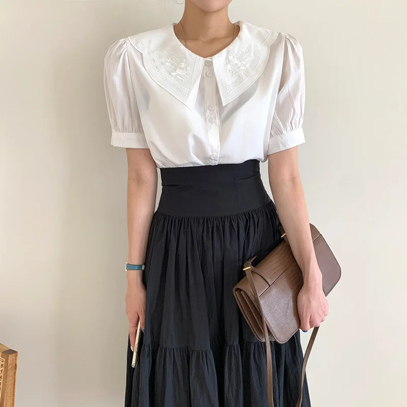 Korean chic summer Vintage Embroidery Lapel single breasted bubble sleeve shirt + high waist large swing skirt women G859