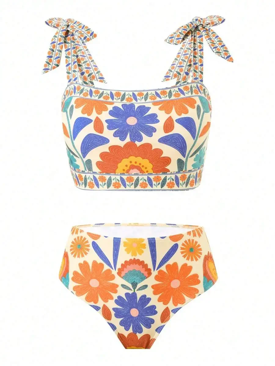 

Womens Floral Print Tie Strap Bikini Set Summer Beach Swimsuit