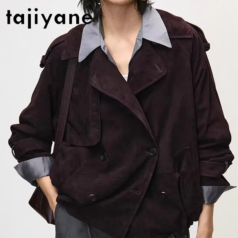 TAJIYANE Genuine Leather Jacket Women 100% Goatskin Outerwear Old Money Style Lapel Cargo Leather Coat Double Breasted Jackets