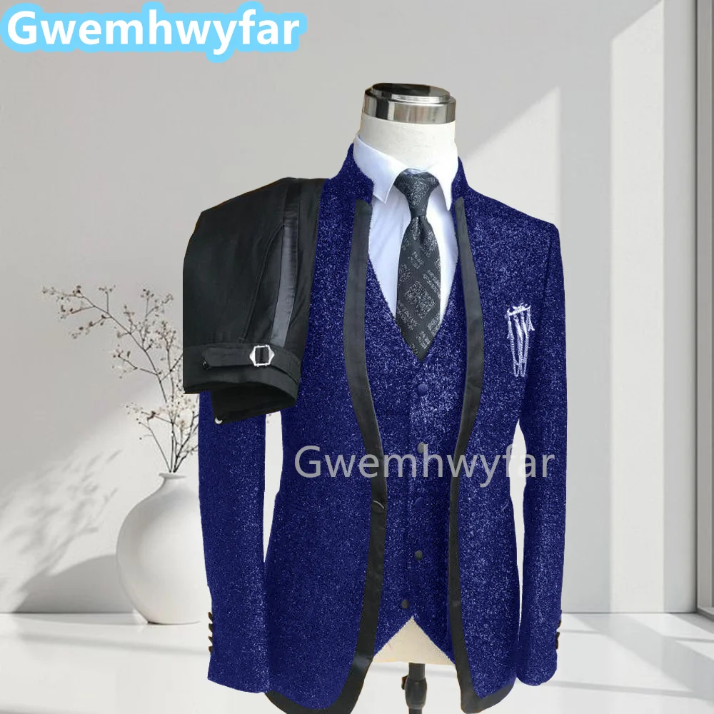 Gwenhwyfar Fashion Satin Double Lapel Costume Homme Wedding Slim Fit Men Suits Tuxedo Groom Prom Blazer Jacket+Pants