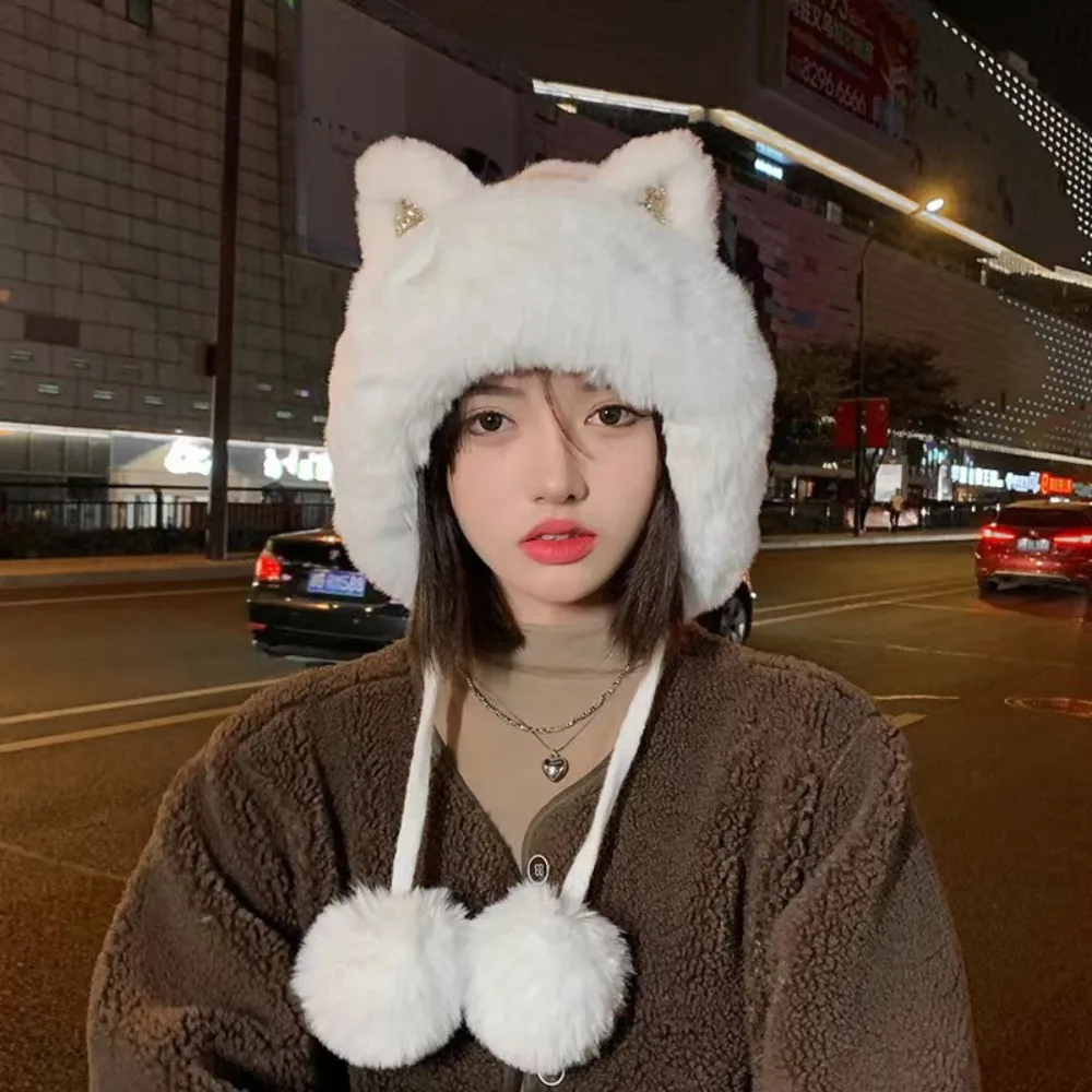 Новые теплые вязаные шапки с героями мультфильмов, плюшевая шапка с кошачьими ушками, пушистая меховая шапка-бини, утепленная шапка, зимняя шапка