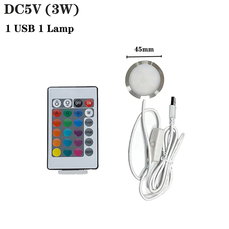 ไฟสปอตไลท์ RGB USB 5V 3W บางเฉียบ 8 มม. ชุดไฟตู้หลากสี พร้อมรีโมทคอนโทรล ไฟ LED DIY โคมไฟเพดานแบบเรียบง่าย