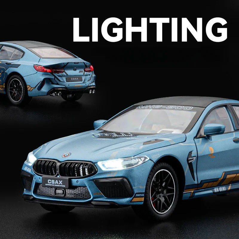 BMW M8 modelo supercar para crianças, carro de liga, som e luz, puxar para trás, Die Cast, brinquedo infantil, colecionáveis, presente de