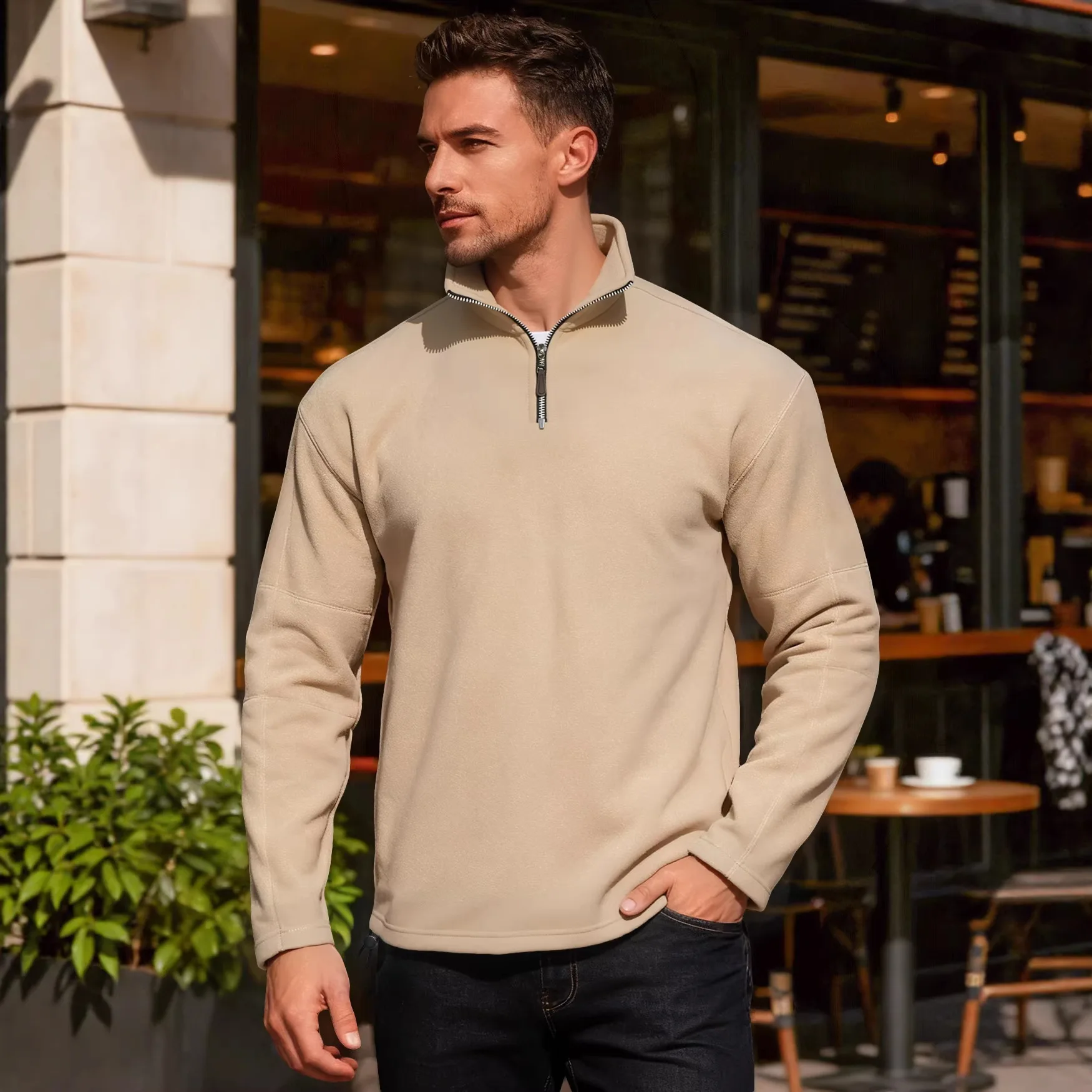 

Men's Spring and Autumn Half Zipper Stand-up Collar Fleece Solid Color Large Size Casual Loose Sweater Cw44521