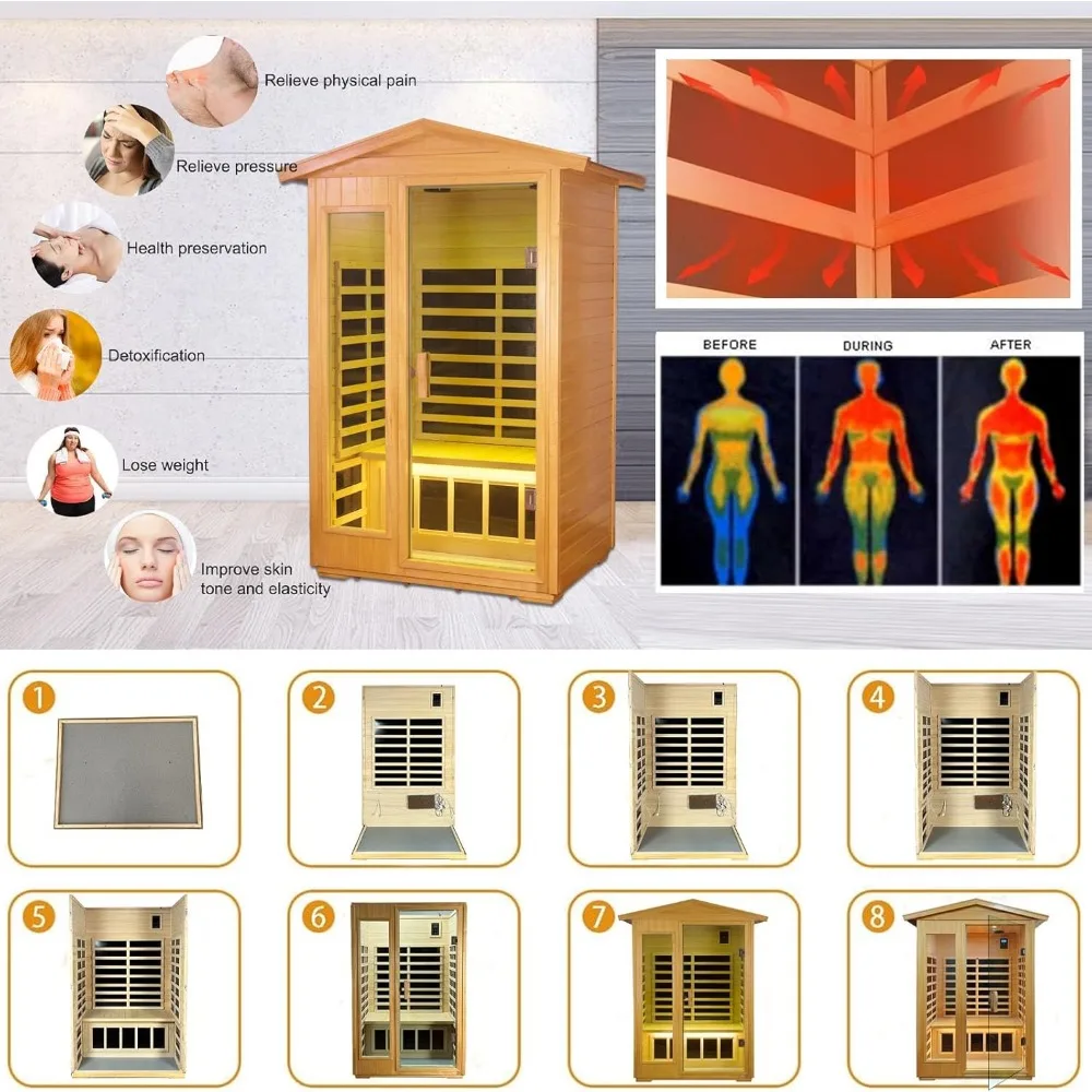 Sauna externa, sauna infravermelha distante para 2 pessoas, sauna de madeira de basswood para casa com 8 saunas caseiras emf baixas, 2 luzes de leitura LED