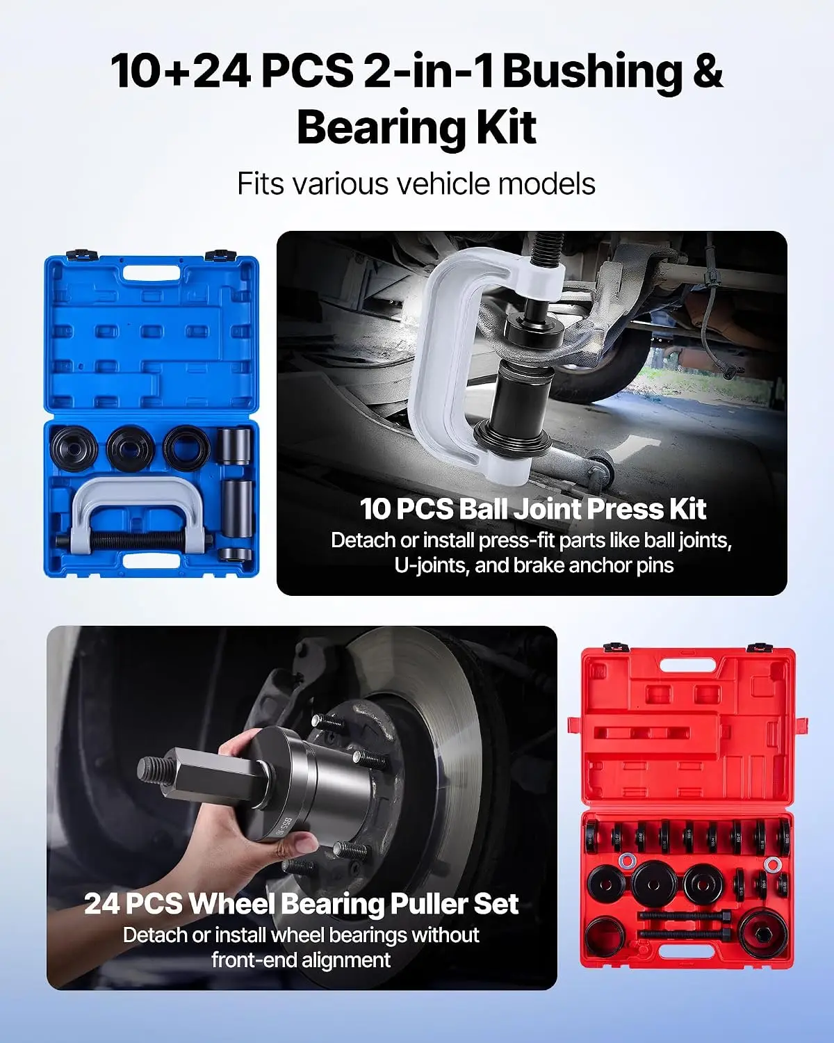 10pcs Ball Joint Press & 24pcs Wheel Bearing Race and Seal Driver Set with 13 Bushings, C-Frame and Sleeves, 2 in 1 Bearing Pres