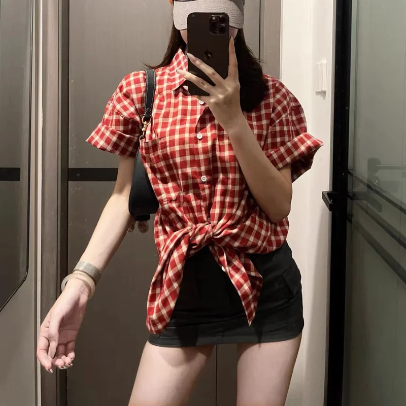 Camicia a maniche corte scozzese retrò rossa per donna Moda Estate 2025 Nuova camicia casual ampia vestibilità