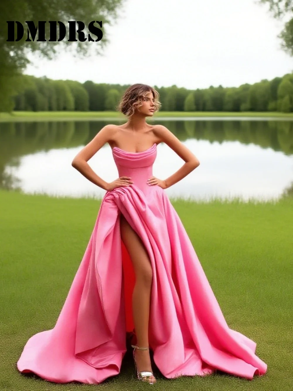 

Sexy Strapless Evening Dress Luxurious A-Line Party Gown Romantic Side-Slit Floor-Length Party Dress فساتين سهرة