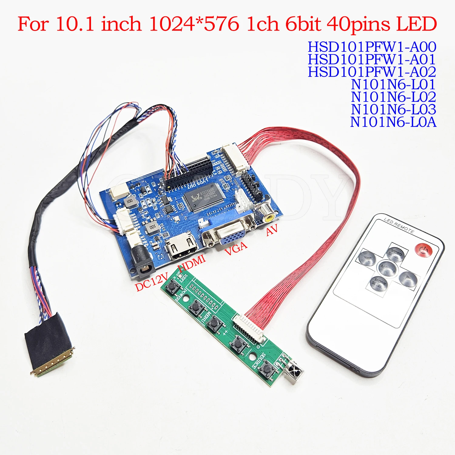 

LCD Controller Driver Board For 10.1" HSD101PFW1 N101N6 1024*576 40Pin LVDS LED HDMI VGA 2*AV DIY laptop Display monitor Kit