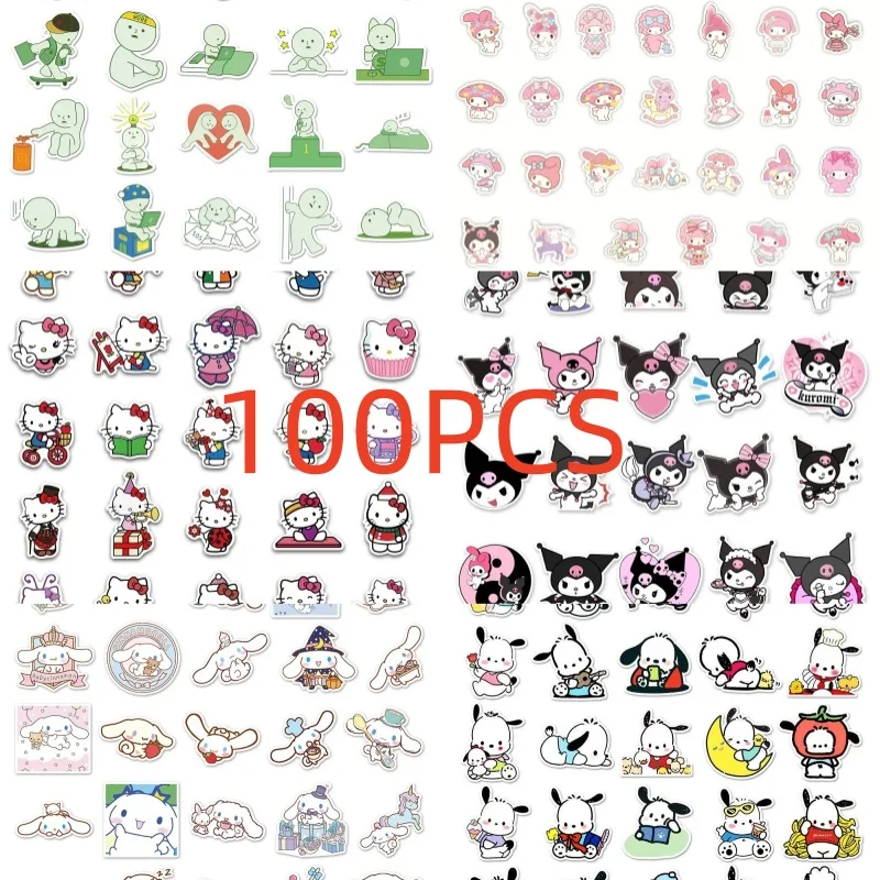 

100 шт. наклеек Smiski Hello Kitty Kuromi Cinnamoroll Pochacco для детей, девочек, для ноутбуков, телефонов, дневников, милые мультяшные стикеры Sanrio