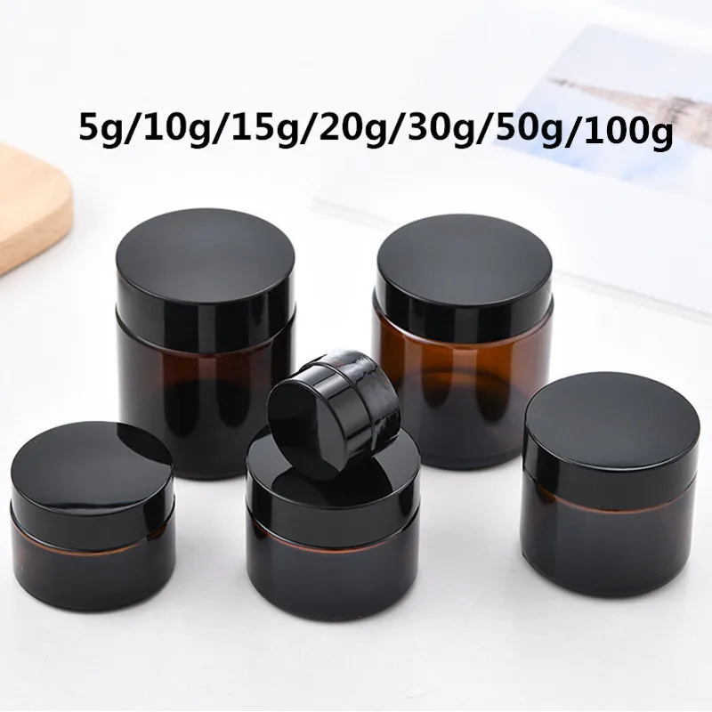 10szt/lot 5g 10g 20g 30g 50g szklane słoiki na kosmetyki Bursztynowe szklane słoiki na krem Opakowanie kosmetyczne z pokrywką czarne plastikowe nakrętki