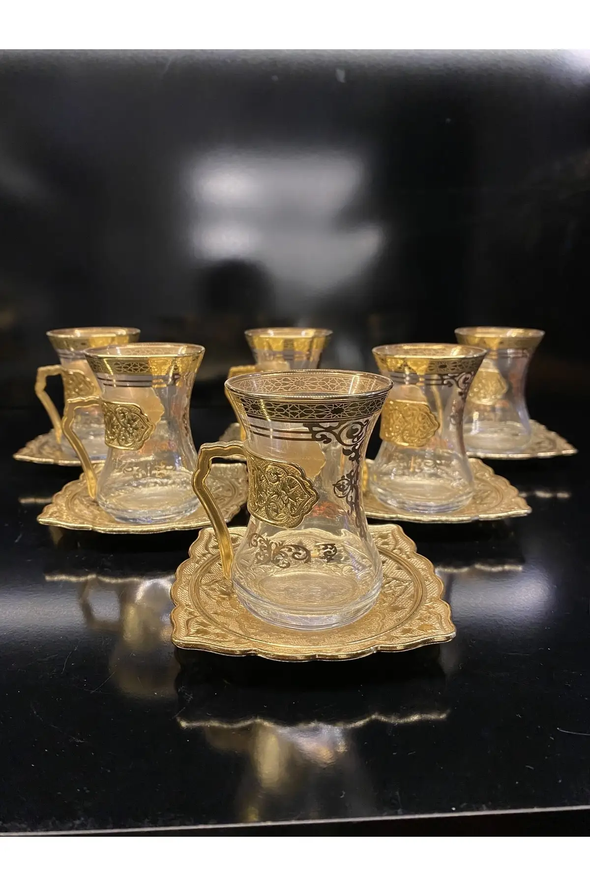 DOLBOVI Gold Leaf Brass Handle Brass Tea Plate 12 Piece Tea Set Turkish Tea Glass Cup