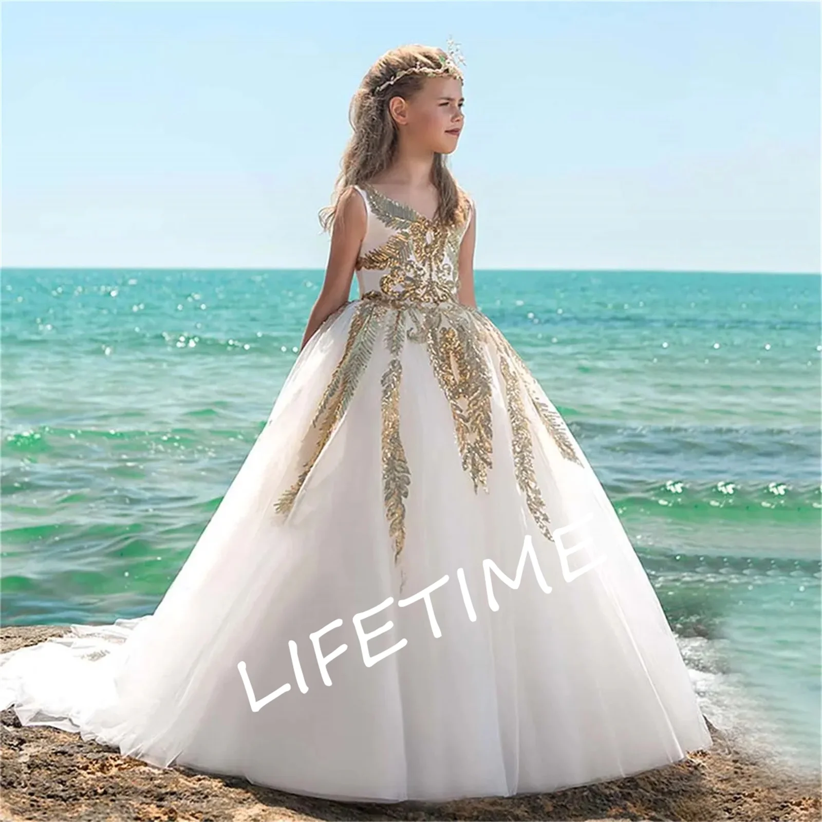 Luxury Flower Girl Dress White Fluffy Tulle Gold paillettes Wedding elegante Flower children's First comunione Birthday Party Dress