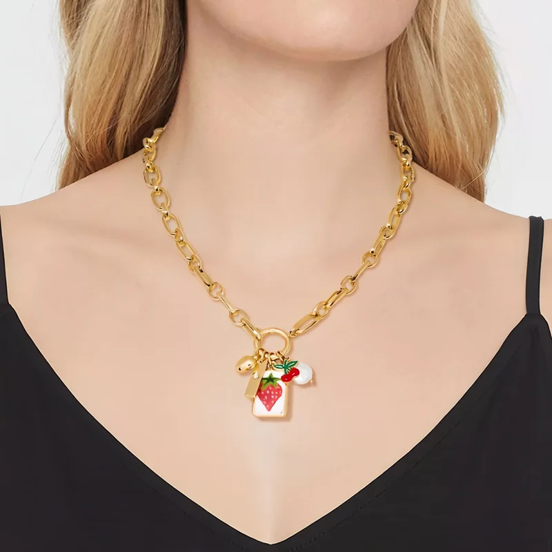 

Fruit Removable Charms Cluster Necklace with Strawberry and Cherry Accents Personalized Jewelry necklace For Women Gift