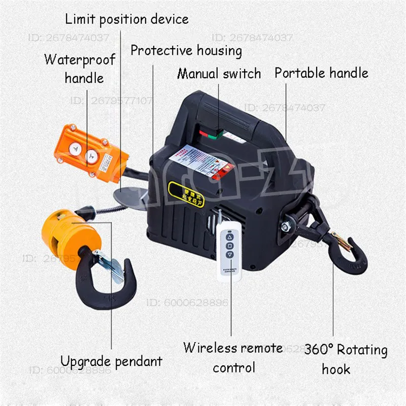 220V 500KG Remote Control Crane Hoist Wire Rope Electric Hoist Aluminum Shell Household Indoor Small Crane Hoist