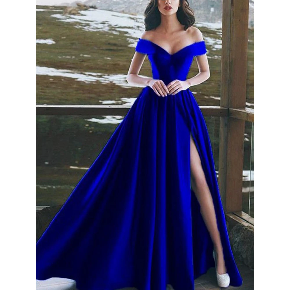 Abiti da ballo in raso blu da donna 2023 semplice spiaggia formale festa di nozze damigella d'onore moda celebrità abiti da sera Robe De 2022