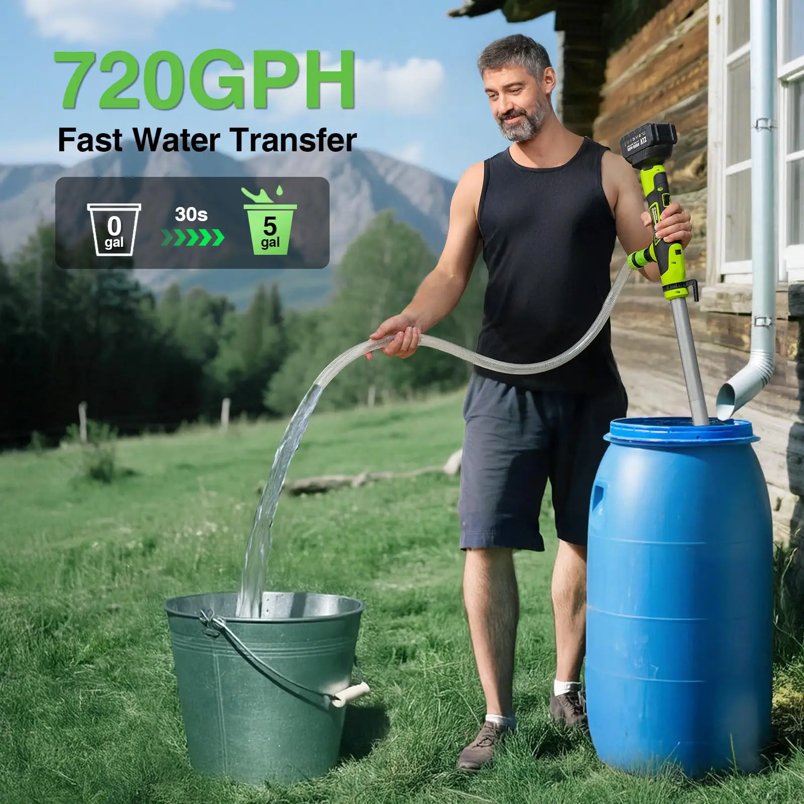 Taskstar Electric Barrel Water Pump 720GPH High Flow 21V Cordless Stick Water Transfer Pump 32FT Max Lift, for Pool Garden Pond Boat RV Rain Barrel Outdoor Draining (with 2 4000mAh Batteries)