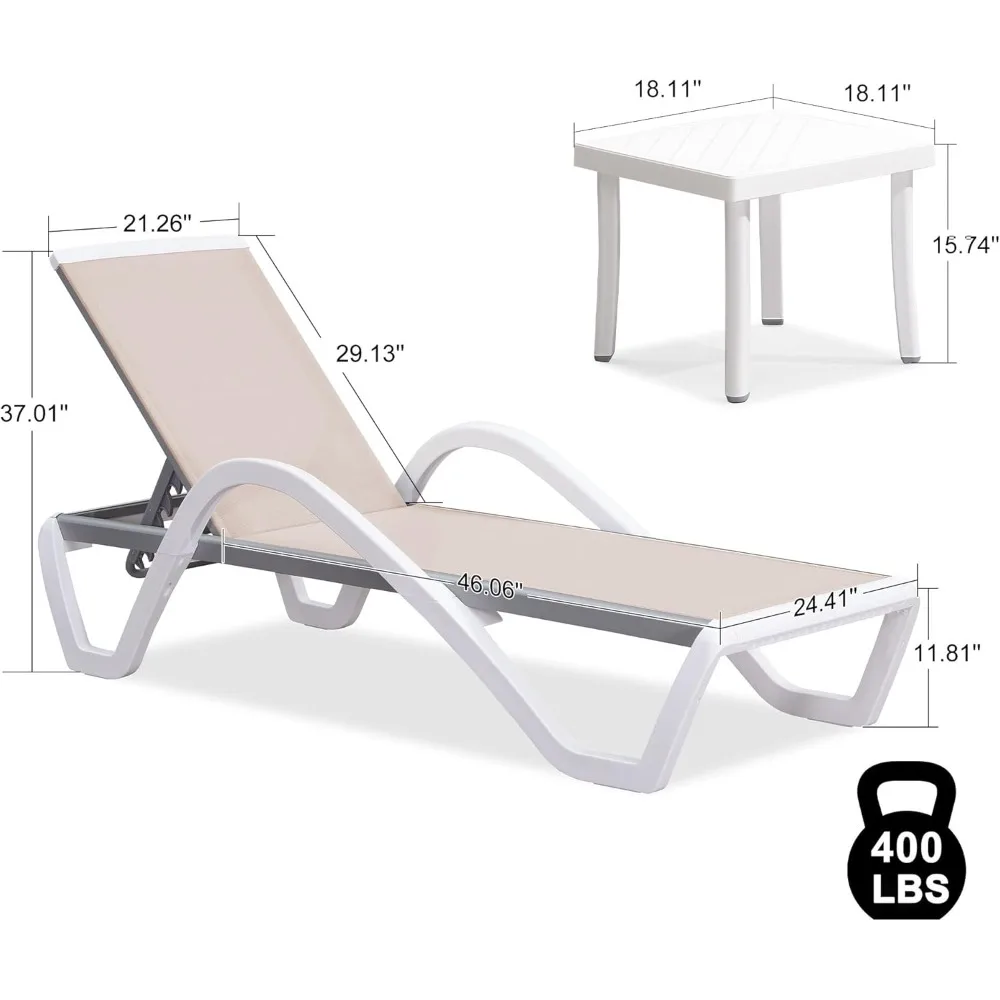 3-Piece Patio Chaise Lounge Set, Aluminum Plastic Stackable Chairs with Armrests & Side Table for Pool & Beach