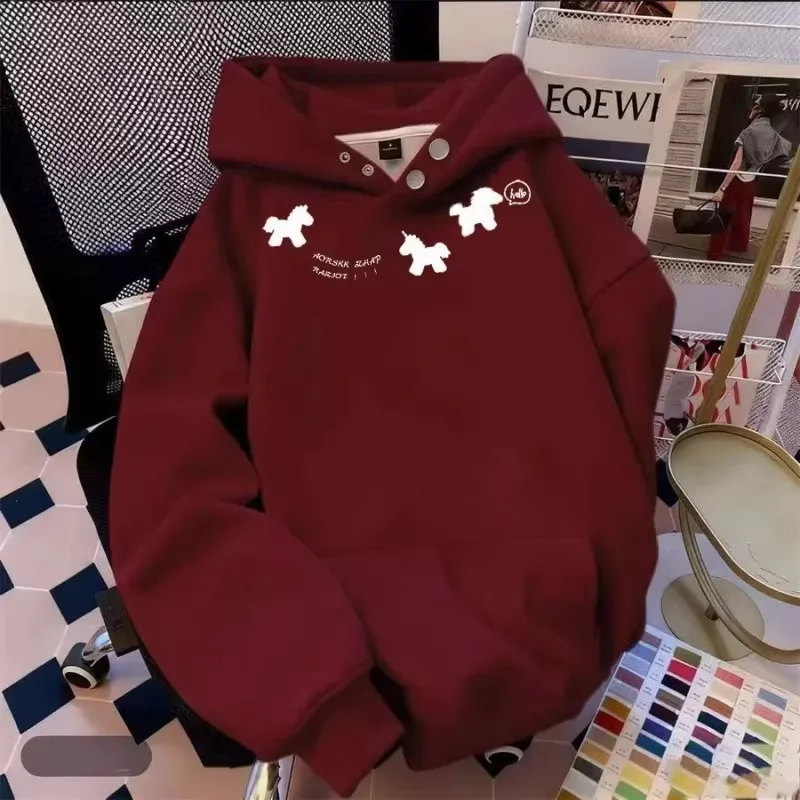 

plus Size 300 Pou Hoodie Sweatirt ex Spring Autumn Winter New Sle Wine Red Coat Top Button Design Breathable Qui...