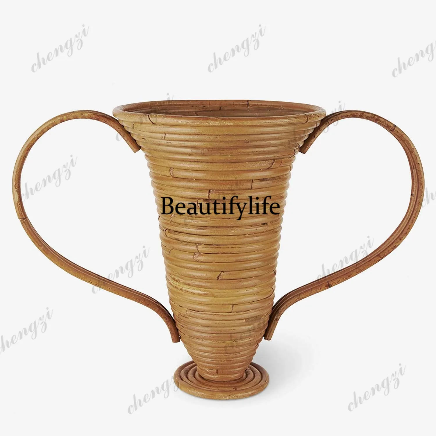Rattan woven binaural vase flower device decorates wabi-sabi vacation style