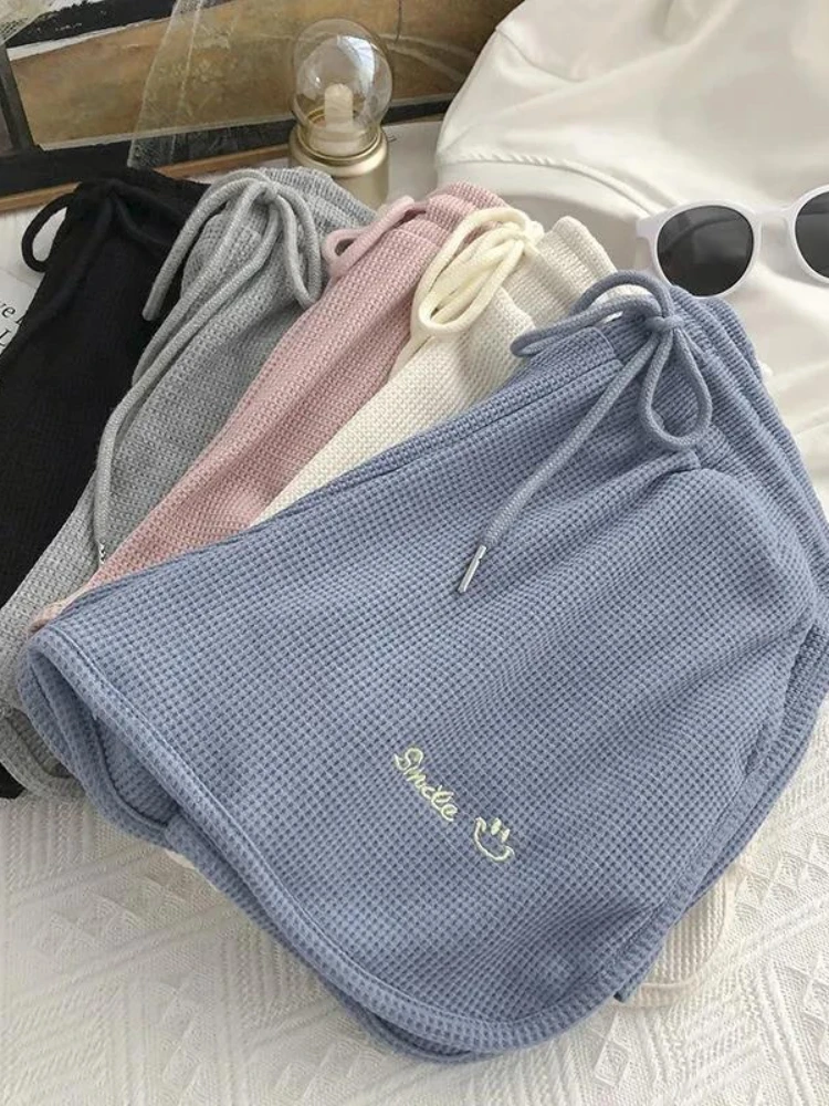 Waffler Fitness Shorts 2026 New Korean Version Loose Casual Women's Shorts White Summer Fashion Embroid Women Shorts High Waist