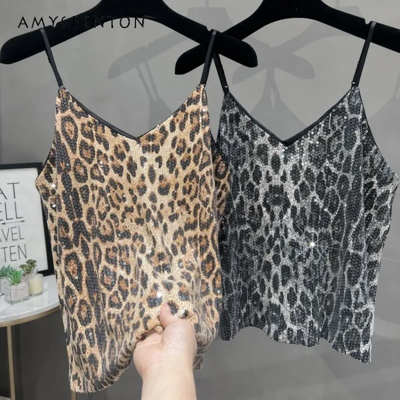 

Autumn New Fashion Wear Camisoles Retro Sexy Sequins Sparkling Leopard Print V-neck Sling Vest Bottoming Shirt Women's Clothes