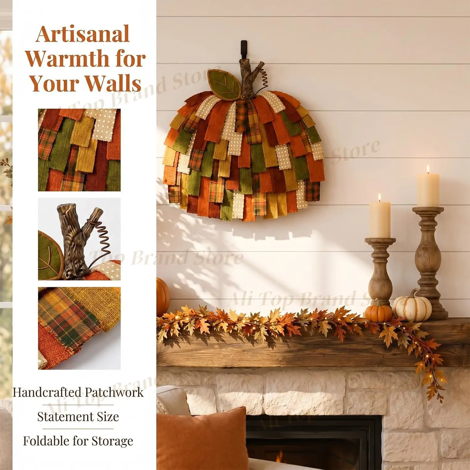 Multi-texture Pumpkin Decoration Patchwork Pumpkin Decoration Rustic Fall Wreath for Front Door Plaid Polka Dot Fabric Pumpkin