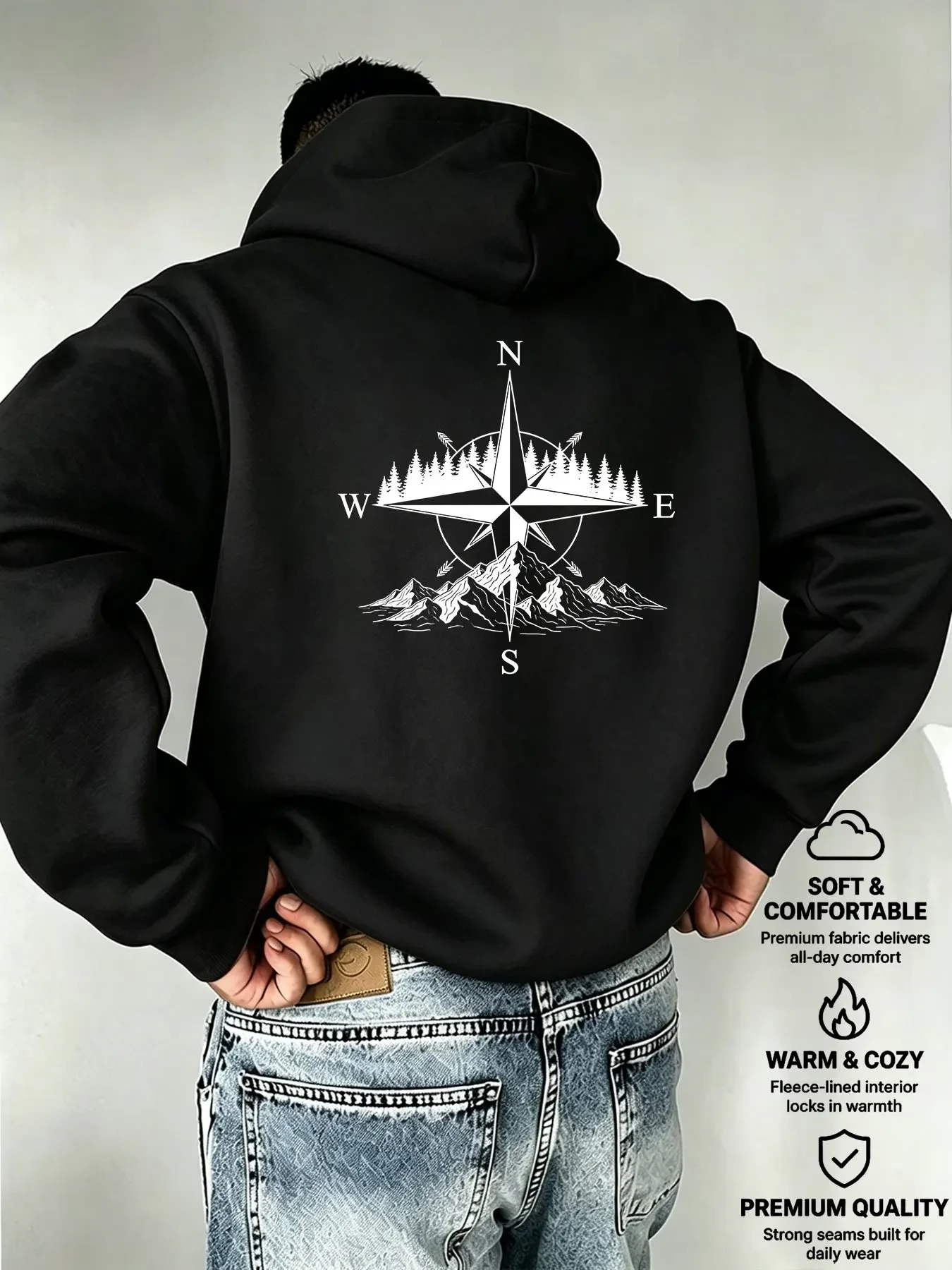 Loose-fitting Men's Hoodie, White Sketch Compass and Mountain Direction Print on the Back, Warm Fleece Casual Sweatshirt.