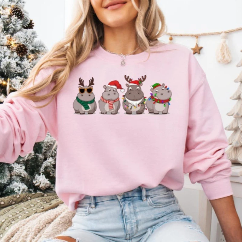 

Рождественский свитшот в стиле ретро с бегемотом, забавный подарок для любителей животных, с круглым вырезом, повседневная мягкая удобная зимняя термотолстовка с капюшоном на открытом воздухе, топы