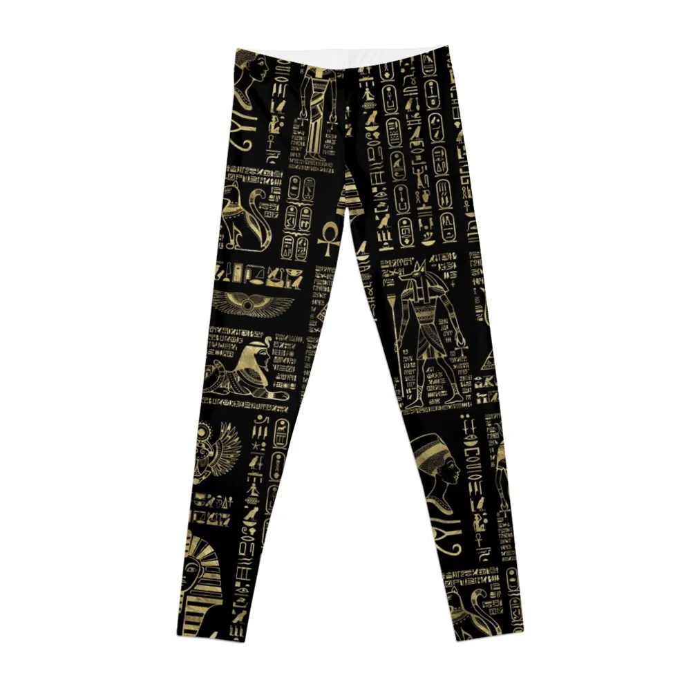 

Egyptian hieroglyphs and deities gold on black Leggings sporty woman gym push up legging Womens Leggings