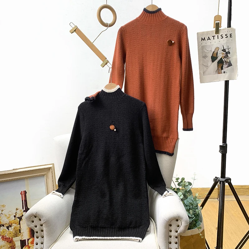 

Thiened Long Sve Вязаный свитер с высоким воротником, женский осенне-зимний теплый свитер средней длины для поездок на работу, чистый ...