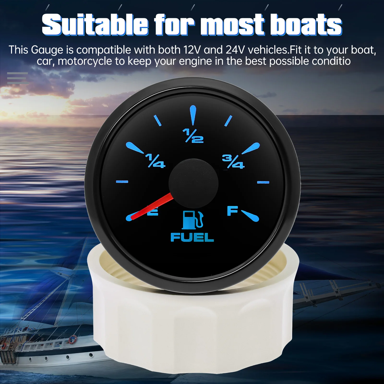 0-90 Ohm Boat Marine Fuel Level Gauge 52mm Pointer Fuel Level Meter 7 Colors LED Display for Universal Boat Car Truck RV Camper