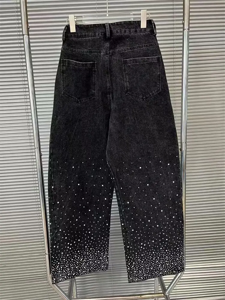 Fashionable High Street Full Rhinestone Jeans American Fashion Retro Luxury Design Shiny Loose Men's Black Denim Pants